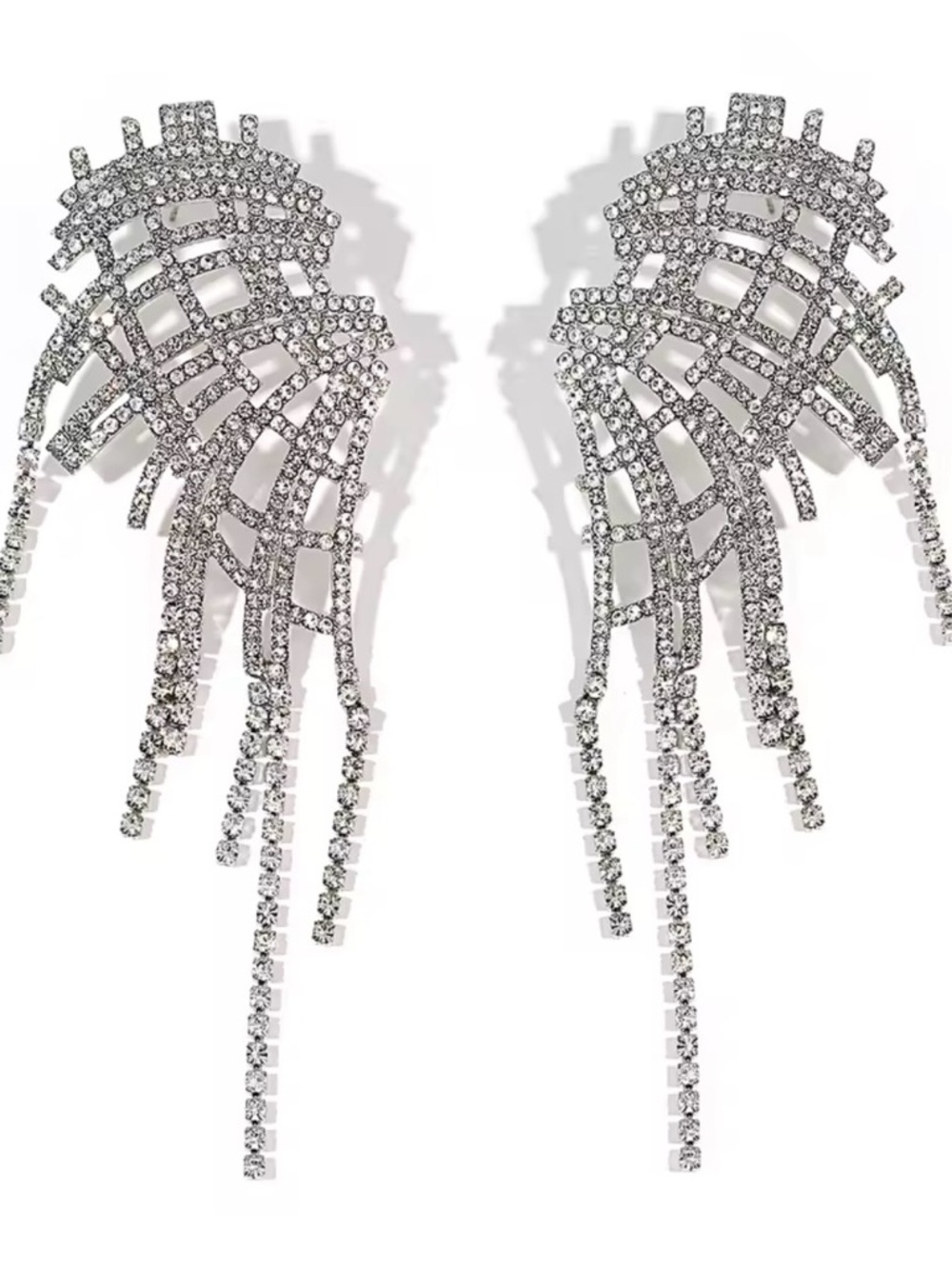 Silver Crystal Fringe Statement Earrings - Women Jewelry